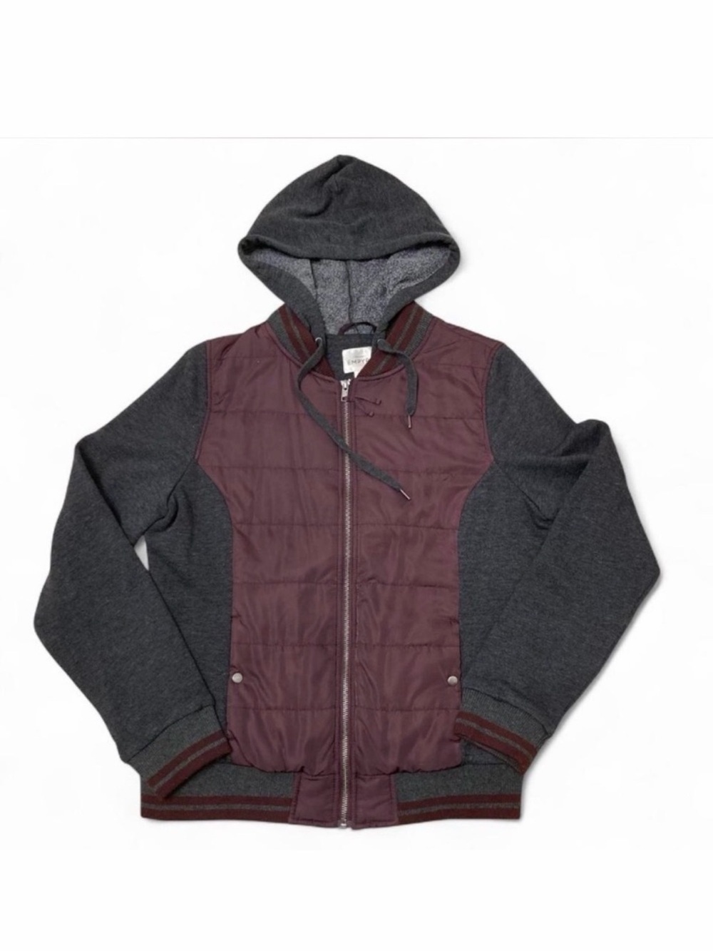 3/$20 Empyre Quilted Zip Up Hoodie Sweatshirt Womens Large Gray Burgundy Skater